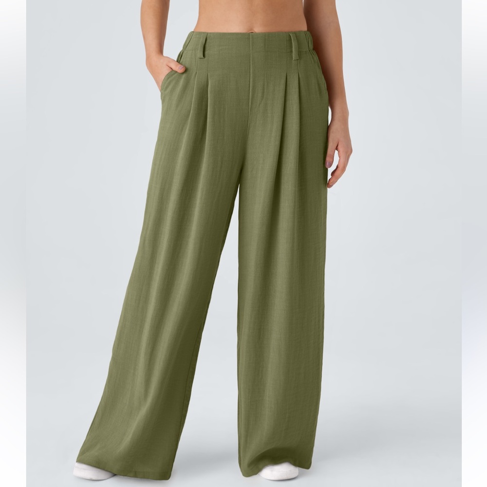 Halara high waisted side pocket wide leg flowy palazzo casual pants green size M